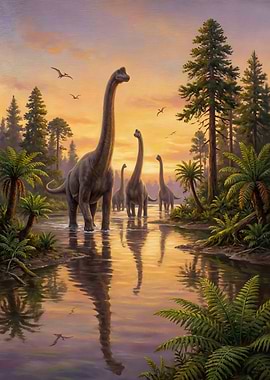 Brachiosaurus Herd Crossing River Painting