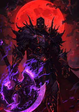 Dark Knight with Axe and Red Moon