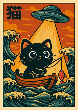 Cat Fishing UFO Poster Surreal Cat Wall Art Japanese Style Cute Sci Fi Print