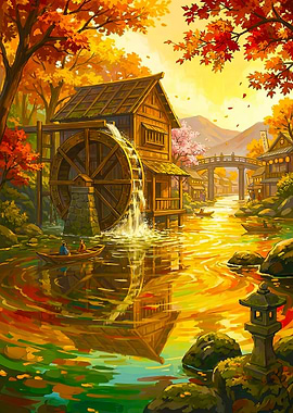 Autumn Village with Watermill and River