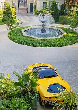 Yellow Sports Car by Fountain