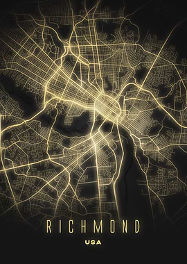 Richmond, USA - Radiant Night City Map Poster, Illuminated Streets Wall Art