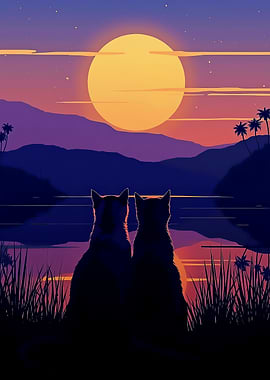 Cats Silhouetted Against Sunset Landscape