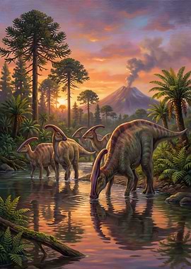 Parasaurolophus Dinosaurs Drinking Water Painting