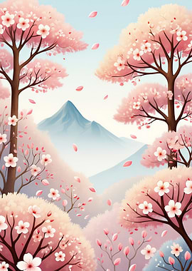 Cherry Blossom Landscape with Mountain