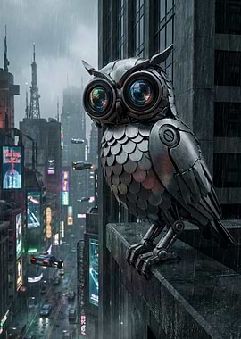 Cyberpunk Owl in Rainy Cityscape