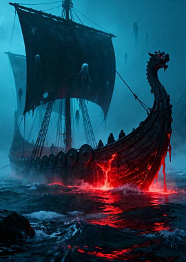 Ghostly Viking Ship on Fiery Sea