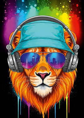 Lion with Headphones and Bucket Hat