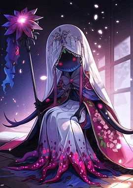 Mysterious hooded figure with floral staff