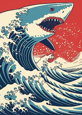 The Great Shark of Kanagawa | Japan Ukiyo-e Style Woodcut