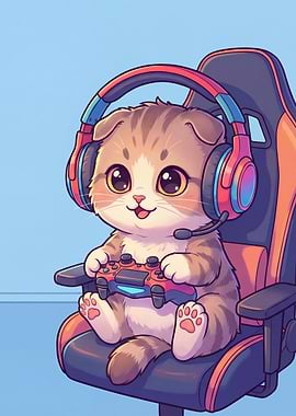 Cute Cat Gamer Cartoon Illustration