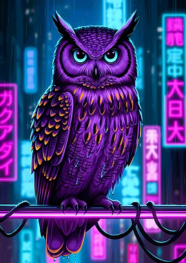 Cyberpunk Owl in Neon Cityscape