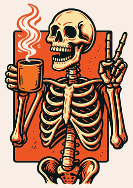 Skeleton Coffee Poster Vintage Cartoon Skull Wall Art Funny Coffee Lover Print