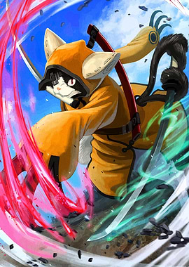 Cat Samurai Warrior with Dual Swords