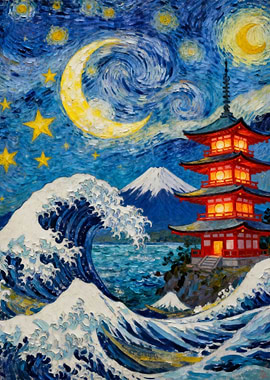 Japanese Pagoda Under Starry Night Painting