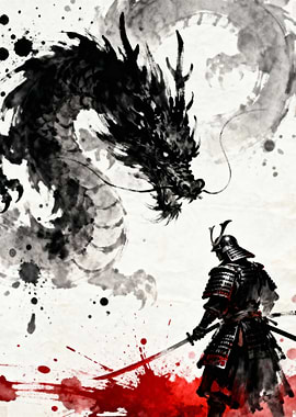 Samurai and Dragon Ink Painting