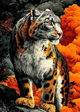 Snow Leopard Portrait with Fiery Background