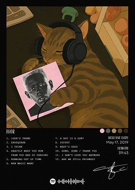Cat listening to Igor album art