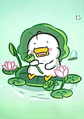 Cute Duck on Lotus Leaf