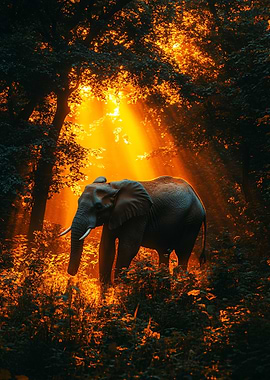 Elephant in Forest with Golden Light