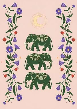 Hindu Elephants with Floral Border