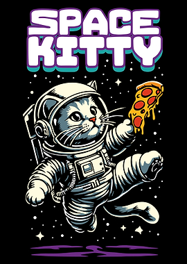 Space Kitty Poster Cat in Spacesuit Floating in Space Eating Pizza Funny Wall Art