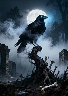 Raven Perched on Bones in Moonlight
