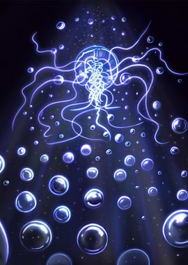 Glowing Jellyfish and Bubbles in Dark