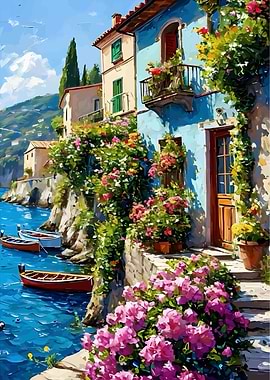 Coastal Italian Village with Flowers