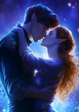 Elven Couple Embrace in Starlight