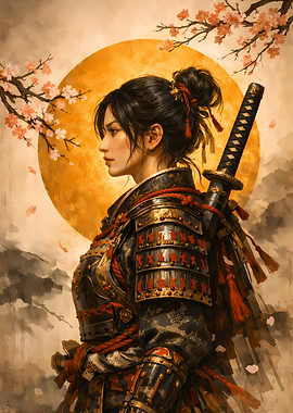 Female Samurai with Cherry Blossoms