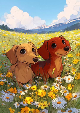 Two cute Dachshunds in a Flower Field