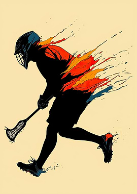 Lacrosse Player in Motion with Flame Effect