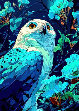 Stylized Owl Portrait with Floral Accents