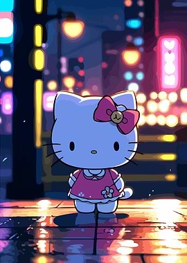 Hello Kitty in Rainy Cityscape