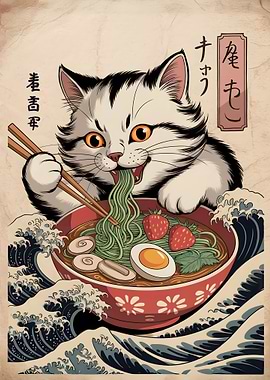 Cat eating ramen with chopsticks art