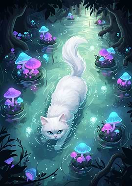 White Cat in Mushroom Forest Pond