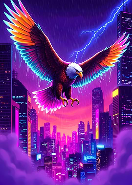 Cyberpunk Eagle Over Neon Cityscape