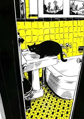 Black Cat in Yellow Bathroom