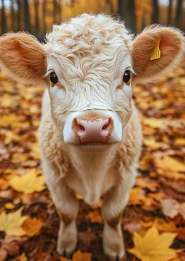Cute Calf in Autumn Leaves