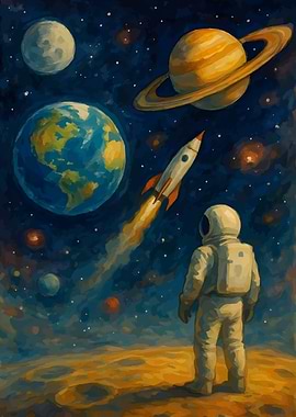 Astronaut and Rocket in Space Painting