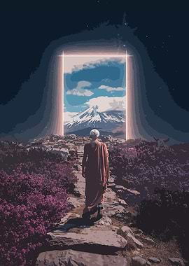 Monk Walking Through Portal to Mountain
