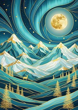 Majestic mountain landscape with golden deer under full moon