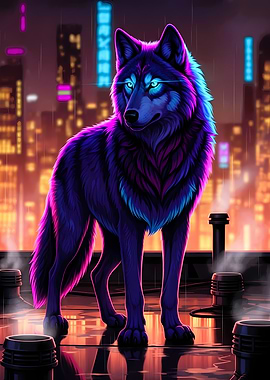 Cyberpunk Wolf on Rooftop