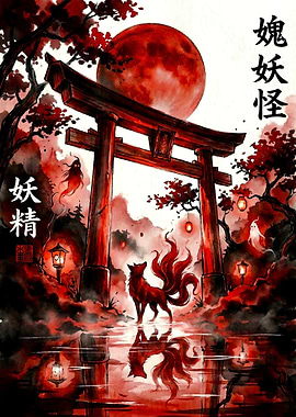 Nine-Tailed Fox Under Red Moon