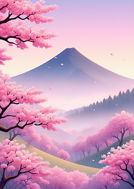 Cherry Blossoms and Mountain Landscape