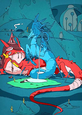 Cartoon Landscape with Dragons and Fountain