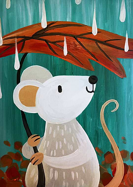 Mouse with Leaf Umbrella in Rain