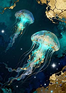Jellyfish in Teal and Gold