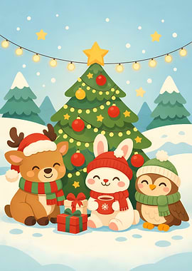 Christmas Animals with Tree and Gifts